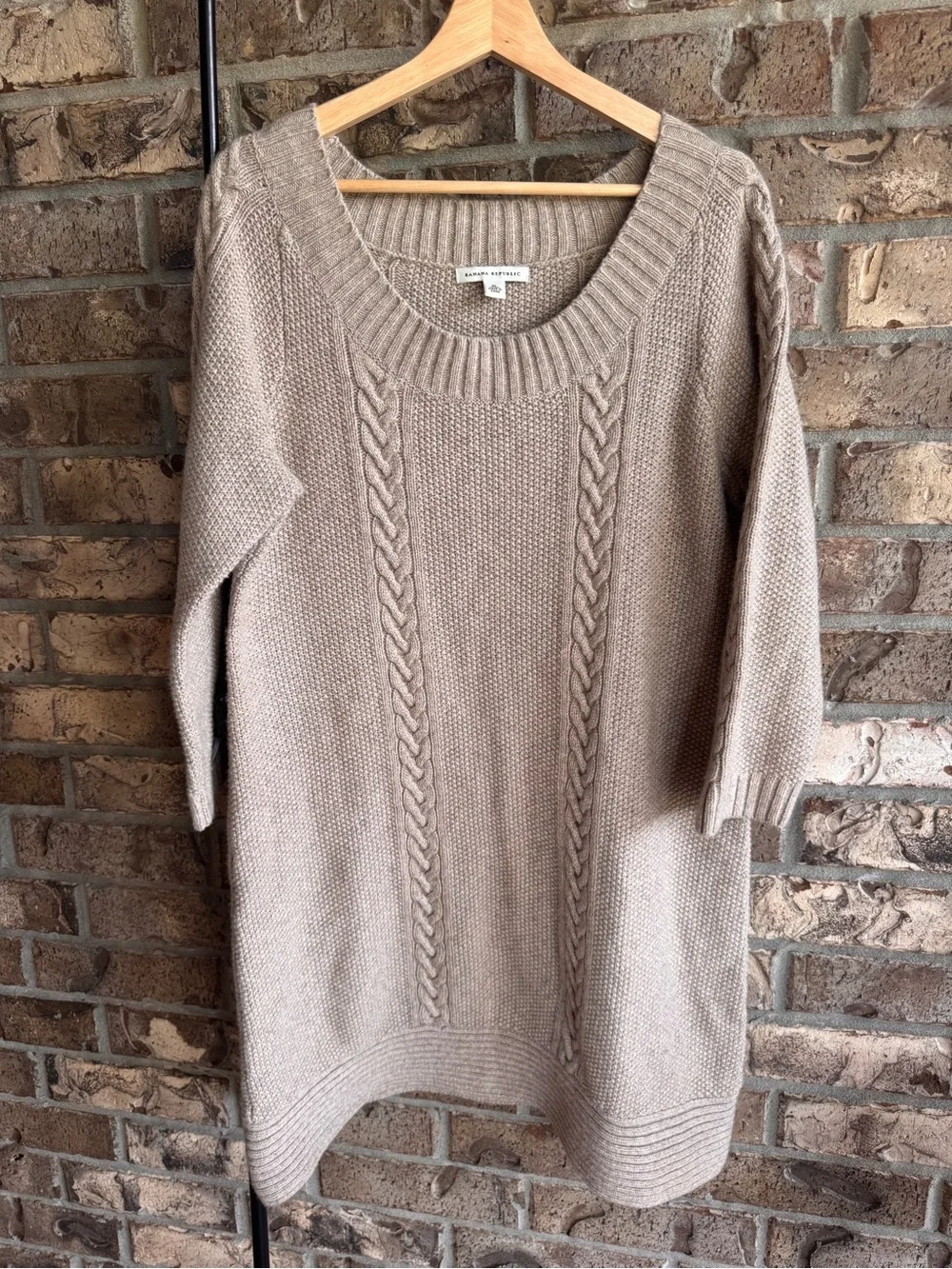 Banana Republic Cable Knit Sweater Dress XL Taupe Lambswool Cashmere Blend